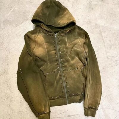 500gsm Black Rhinestone Zip Up Hoodie Men Oversized Autumn Hooded Hoodie Sun Faded Acid Wash Look - Image 2