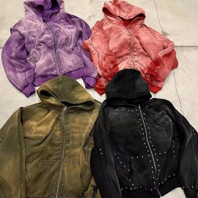 500gsm Black Rhinestone Zip Up Hoodie Men Oversized Autumn Hooded Hoodie Sun Faded Acid Wash Look - Image 7