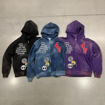 Custom Rhinestone Hoodie Men'S Chenille Patch Embroidery Acid Wash Sun Faded 100% Cotton - Image 2