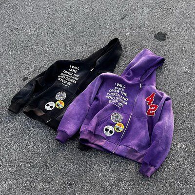 Custom Rhinestone Hoodie Men'S Chenille Patch Embroidery Acid Wash Sun Faded 100% Cotton - Image 4